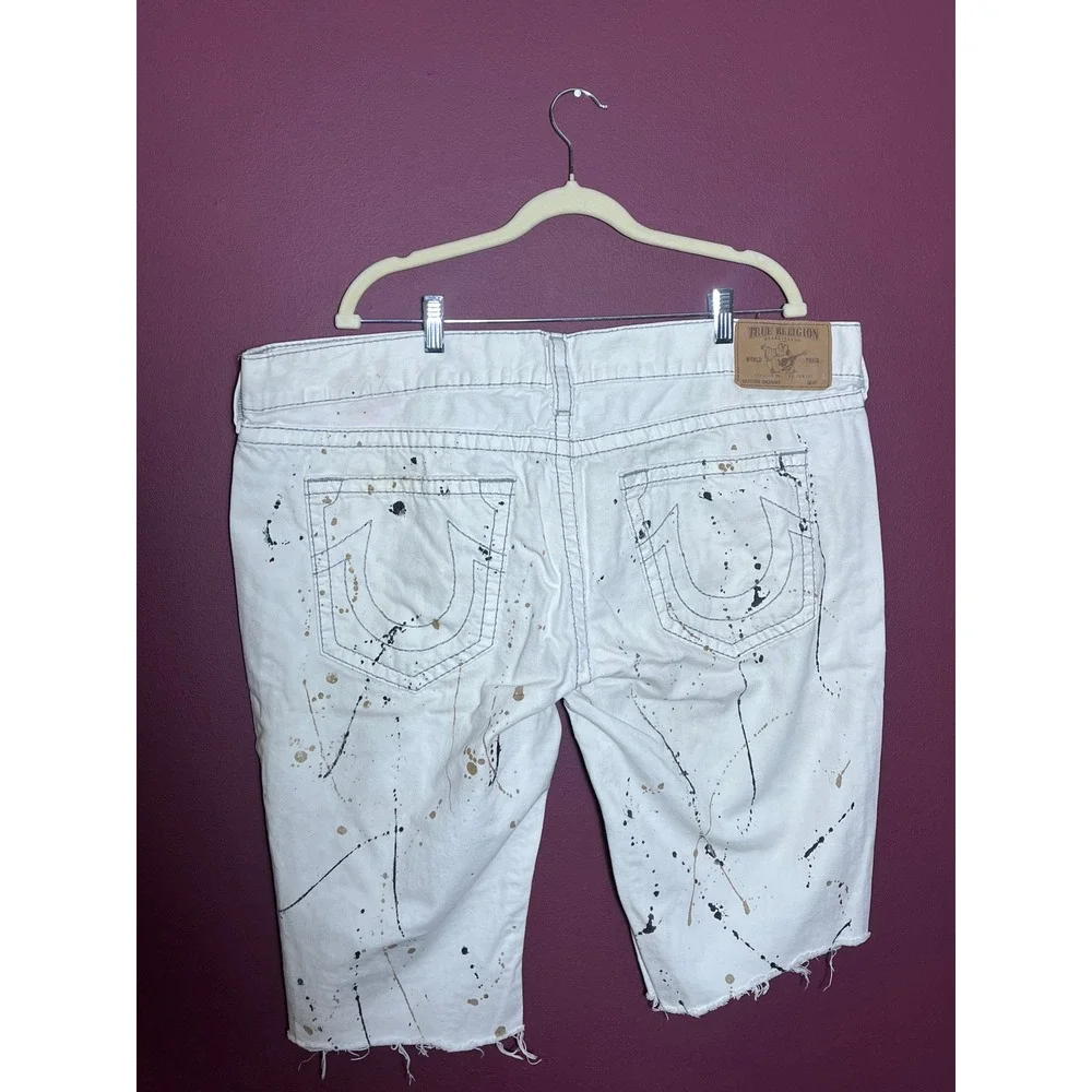 True Religion White Paint Splatter Distressed Skinny Denim Shorts Mens